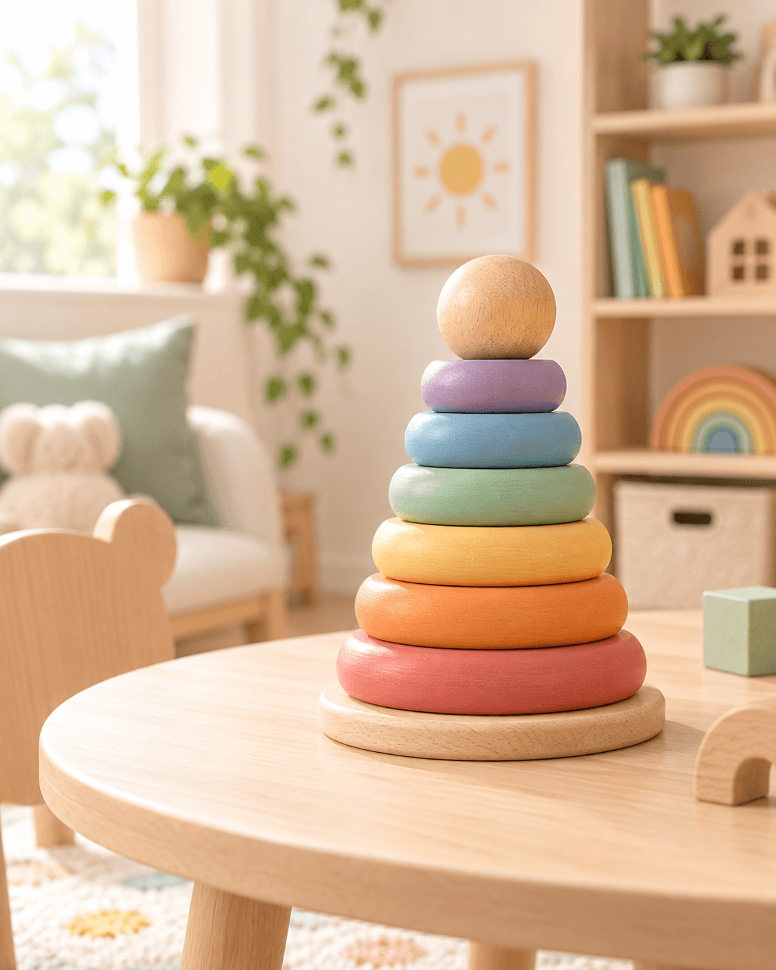 Colourful wooden stacking rings in a warm classroom