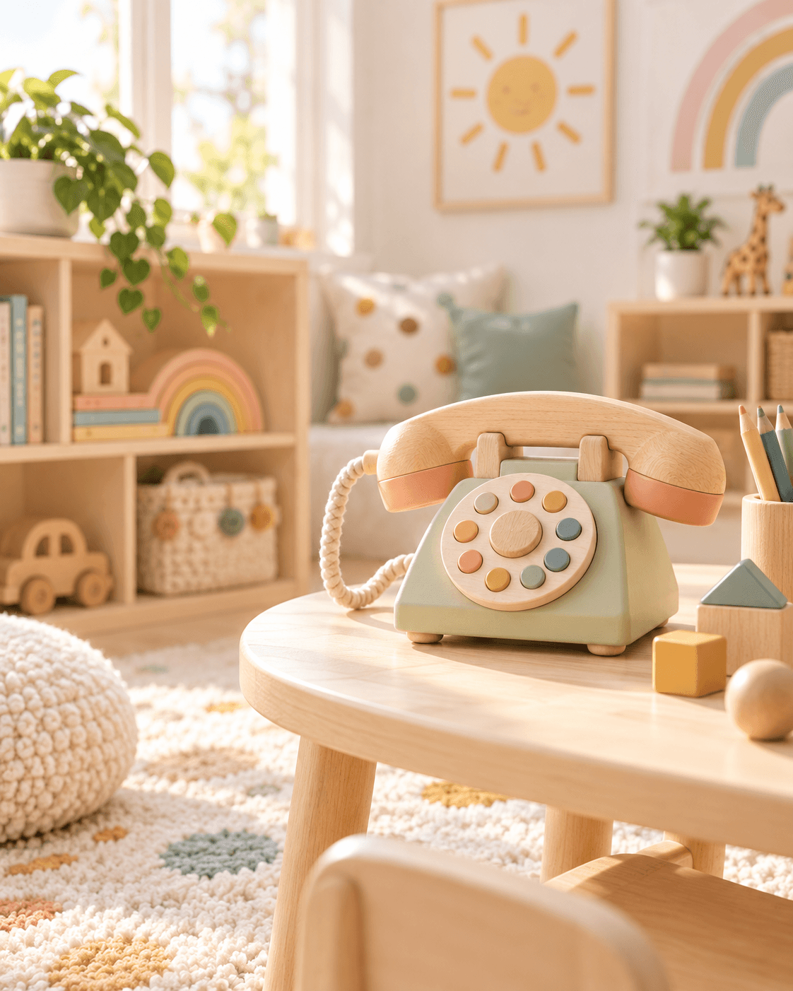 A wooden telephone in a welcoming early-learning classroom