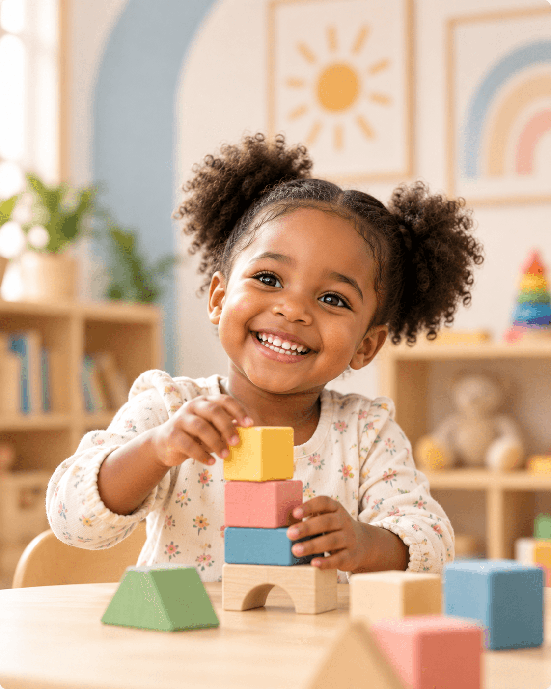 A young child building with colourful blocks